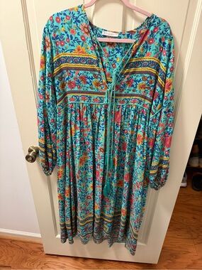 Bohemian Turquoise Floral Long-Sleeve Midi Dress with Tie Front